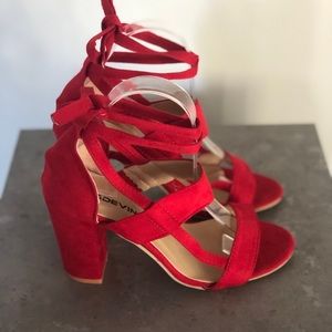 Red Suede Ankle Tie Sandal Heel